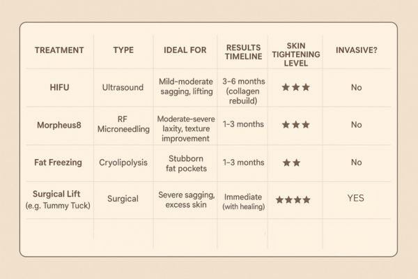Table showing the comparisons of Skin tightening Crawley treatment options. 